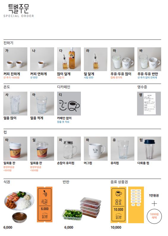 특별주문 SPECIAL ORDER 진하기 가. 커피 진하게 샷추가 500원 나. 커피 연하게 샷 반만 다. 많이 달게 시럽 더 라. 덜 달게 시럽 반만 마. 우유/두유 많이 컵에 한가득 바. 우유/두유 반만 샷 추가 없이 온도 사. 얼음 많이 아. 얼음 적게 디카페인 디. 카페인 없이- 잠을 못 자요 영수증 영. (영수증 사진) 컵 타. 일회용 잔에 환경부담금 500원 일. 일회용잔 환경부담금 +500원 파. 손잡이 유리컵 하. 머그컵 유. 유리컵 텀. 다회용컵 식권 6,000원 (백반 사진, 식권 사진) 반찬 6,000원 (투명 반찬통에 담긴 다섯 가지 반찬들 사진) 음료 상품권 음료 10,000원 (음료상품권 사진) 1만권 + 1000원 혜택