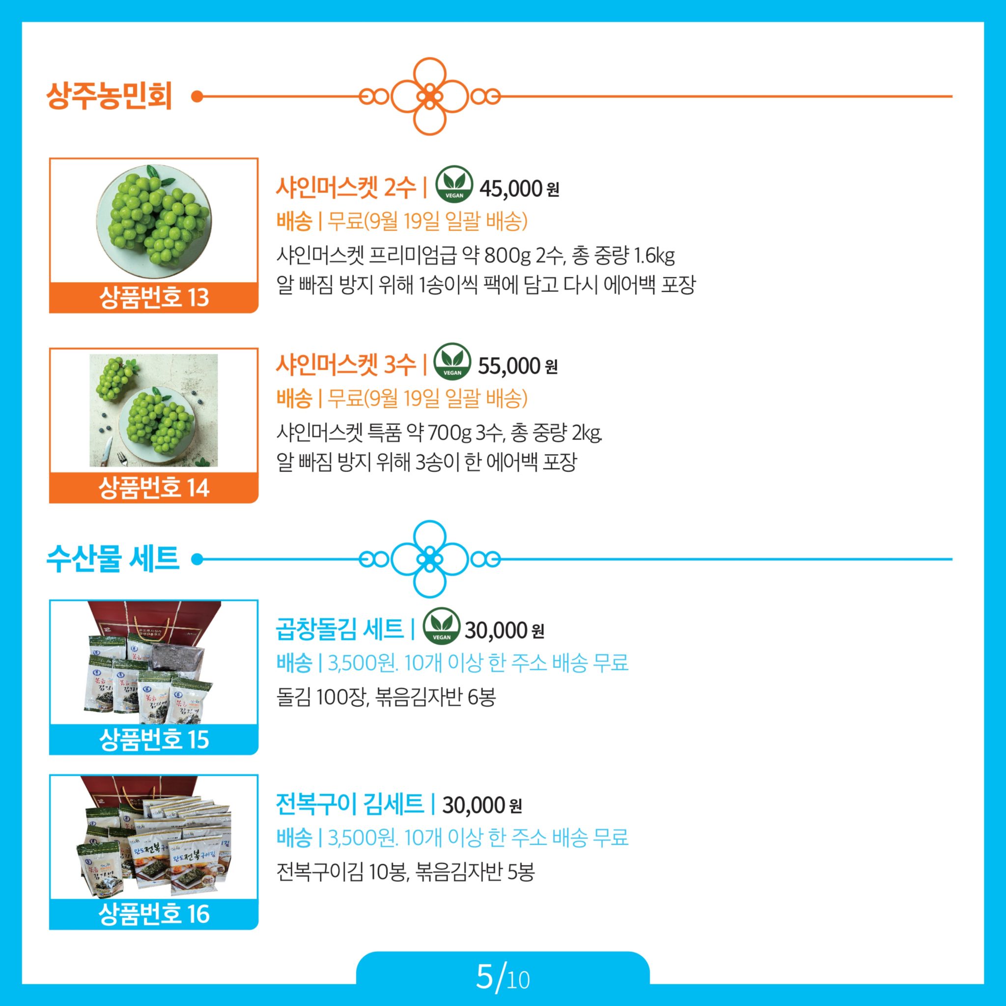 2023추석특판_카드뉴스-10장 중 5장. 상주농민회 13 샤인머스켓 2수 Ⓥ, 45,000원, 배송 무료(*9월 19일 일괄 배송), 샤인머스켓 프리미엄급 약 800g 2수. 총 중량 1.6kg. 알 빠짐 방지 위해 1송이씩 팩에 담고 다시 에어백 포장. 14 샤인머스켓 3수 Ⓥ, 55,000원, 배송 무료(*9월 19일 일괄 배송), 샤인머스켓 특품 약 700g 3수. 총 중량 2kg. 알 빠짐 방지 위해 3송이 한 에어백 포장. 수산물 세트 15 곱창돌김 세트 Ⓥ, 30,000원, 배송 3,500원. 10개 이상 한 주소 배송 무료, 돌김 100장, 볶음김자반 6봉 16 전복구이 김세트 , 30,000원, 배송 3,500원. 10개 이상 한 주소 배송 무료, 전복구이김 10봉, 볶음김자반 5봉