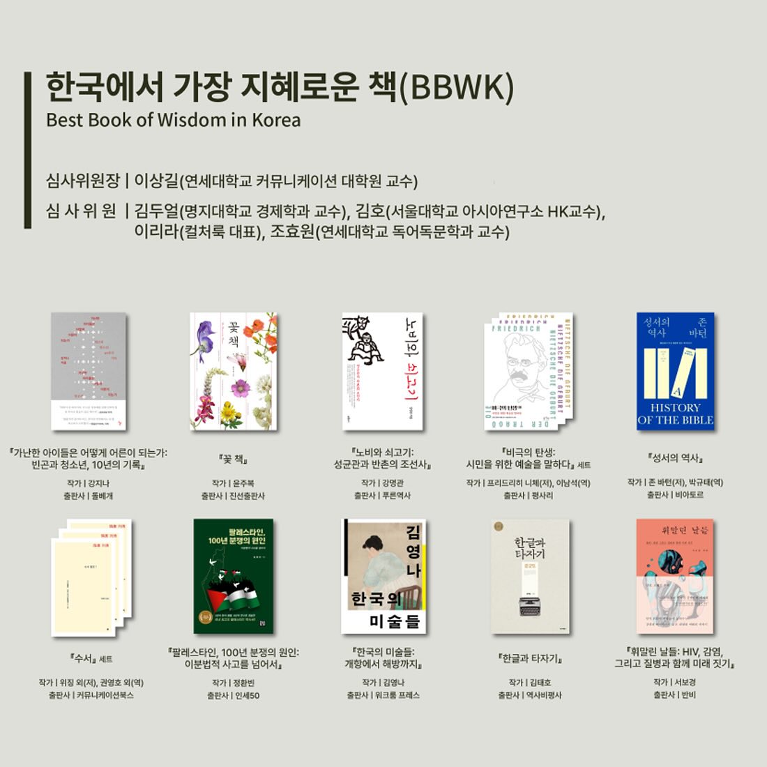 한국에서 가장 지혜로운 책(BBWK) Best Book Wisdom in Korea 10권 표지 이미지 모음. 하단 오른쪽 끝에 자리한 도서 [휘말린 날들] 심사위원장 이상길(연세대학교 커뮤니케이션 대학원 교수) 심사위원 김두열(명지대학교 경제학과 교수), 김호(서울대학교 아시아연구소 HK교수) 이리라(컬처룩 대표), 조효원(연세대학교 독어독문학과 교수)