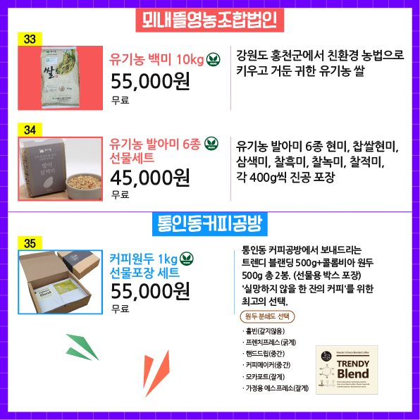 상품번호33 상품명 유기농 백미 10kg  가격 55,000원 배송비 무료 상품설명 강원도 홍천군에서 친환경 농법으로 키우고 거둔 귀한 유기농 쌀  상품번호34 상품명  유기농 발아미 6종 선물세트 가격 45,000원 배송비 무료 상품설명 유기농 발아미 6종 현미, 찹쌀현미, 삼색미, 찰흑미, 찰녹미, 찰적미, 각 400g씩 진공 포장  상품번호35 상품명 커피원두 1kg 선물포장 세트 가격 55,000원 배송비 무료 상품설명 통인동 커피공방에서 보내드리는 트렌디 블랜딩 500g+콜롬비아 원두  500g 총 2봉. (선물용 박스 포장) '실망하지 않을 한 잔의 커피'를 위한  최고의 선택. 원두 분쇄도 선택 · 홀빈(갈지않음) · 프렌치프레스(굵게) · 핸드드립(중간) · 커피메이커(중간)  · 모카포트(잘게) · 가정용 에스프레소(잘게)