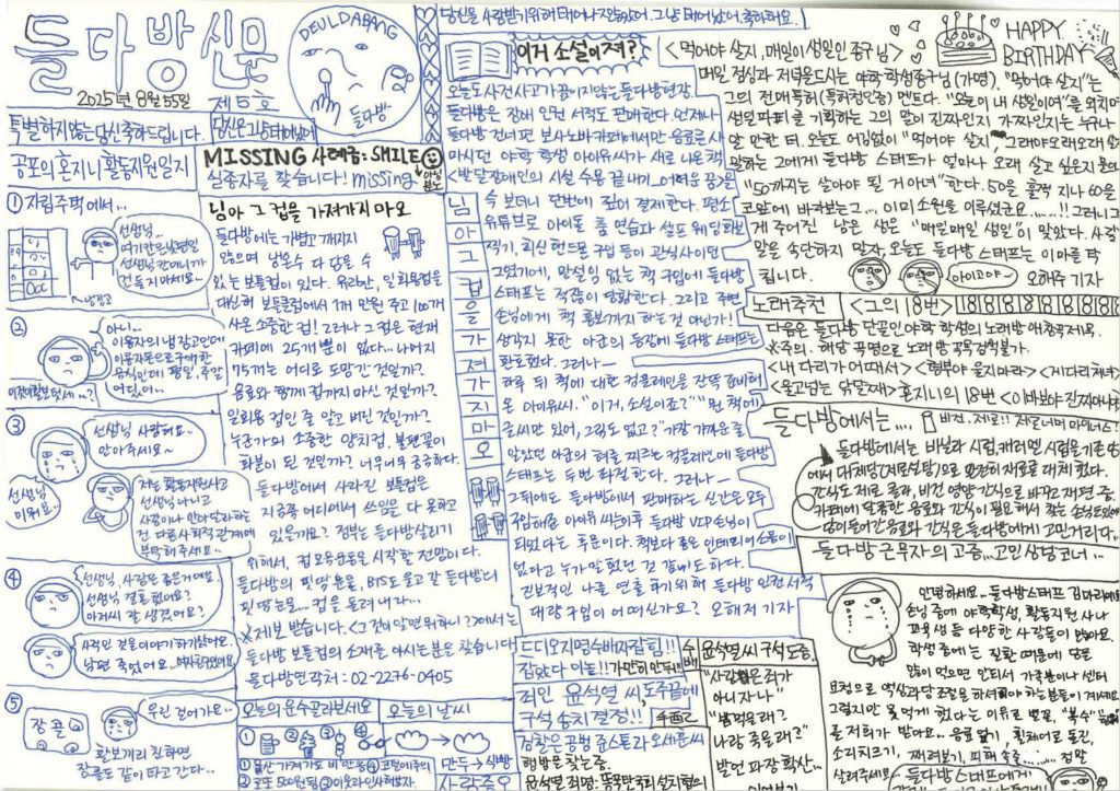 해당 신문은 a4용지 가로 펼침 형식이며 상단 왼쪽 모서리에 들다방신문 제호가 가로쓰기 돼 있고 들다방 로고가 박혀 있다. 단은 크게 4단이며, 모든 단이 손글씨와 손그림으로 빼곡하다. 들다방신문 2025년 8월 55일 제5호. 특별하지 않은 당신 축하드립니다. 당신은 그냥 태어났어. 당신은 사랑받기 위해 태어나지 않았어. 그냥 태어났어. 축하해요. 4단 중 가장 왼쪽 단 상단, 네 칸 만화가 아래로 이어진다. 공포의 혼지니 활동일지 ①자립주택에서... 화살표로 '냉장고'라 설명이 붙어 있는 양문형 냉장고. 문이 양옆으로 활짝 열려 있고, 근엄한 얼굴의 혼지니가 냉장고를 손짓하며 말한다. 다음은 말풍선 전문. "선생님... 여기 칸은 낮 평일 선생님 칸이니까 건들지 마세요..." ② '이것이 활보 텃새...?' 당황한 얼굴의 또다른 혼지니. 한쪽 관자놀이에 집게 손가락을 대며 말한다. 다음은 말풍선 전문. "아니... 이용자의 냉장고인데, 이용자 돈으로 구매한 음식인데, 평일/주말이 어딨어..." ③ 양쪽 눈에서 눈물을 또르르르 흘리는 또다른 혼지니 얼굴. 다음은 말풍선 전문. "선생님 사랑해요... 안아주세요~" "선생님 미워요..." 맞은편에 양팔을 엑스 자로 그으면서 단호하게 말하는 다른 혼지니. 다음은 말풍선 전문. "저는 활동지원사이고, 선생님 아니고, 사랑이나 안아달라 하는 건 다른 사회적 관계에 부탁해주세요..." ④혼지니 얼굴이  계속 말한다. "선생님, 사랑은 좋은 거예요. 선생님 결혼했어요? 아저씨 잘생겼어요?" 다른 혼지니 얼굴이 말한다. 다음은 말풍선 전문. "사적인 것을 이야기하기 싫어요. 남편 죽었어요... 여자친구 있어요." ⑤ '장콜'이라 적힌 네모난 자동자가 굴러가는 그림. 그 옆에 눈물을 흘리는 혼지니 얼굴. 다음은 말풍선 전문. "우린 걸어가요..." 그 밑에 설명문. '활보끼리 친하면 장콜도 같이 타고 간다...' 4단 중 가운데에서 왼쪽 단 상단, 기사가 아래로 이어진다. MISSING 사례끔: SMILE(웃는 이모티콘) 아님 분노. 실종자를 찾습니다! MISSING 님아 그 컵을 가져가지 마오 들다방에는 가볍고 깨지지 않으며 냉온수 다 담을 수 있는 보틀컵이 있다. 유리잔, 일회용컵을 대신해 보틀클럽에서 1개 만원 주고 100개 사온 소중한 컵! 그러나 그 컵은 현재 카페에 25개뿐이 없다... 나머지 75개는 어디로 도망간 것일까? 음료와 함께 컵까지 마신 것일까? 일회용 컵인 줄 알고 버린 것일까? 누군가의 소중한 양치컵, 볼펜꽂이, 화분이 된 것일까? 너무너무 궁금하다. 들다방에서 사라진 보틀컵은 지금쯤 어디에서 쓰임을 다 못하고 있을까요? 정부는 들다방을 살리기 위해서 컵 모으기 운동을 시작할 전망이다. 들다방의 '피 땀 눈물', BTS도 울고 갈 들다방의 '피 땀 눈물'... 컵을 돌려내라. *제보 받습니다. <그것이 알면 뭐하니?>에서는 들다방 보틀컵의 소재를 아시는 분을 찾습니다. 들다방 연락처: 02-2276-0405. 해당 단 오른쪽에도 칸칸이 단독글자로 세로쓰기 되어 있는 기사 제목. 님. 아. 그. 컵.을. 가.져.가.지.마.오. 컵이 둘씩 짝을 지어 팔을 들고 있는 그림 둘. 오늘의 운수 골라보세요 ① 줄무늬 머그컵 ②횟불인지 아이스크림콘인지 ③탕후루 꼬지 ④ 옆으로 누인 탕후루인 척하는 안경 그림 ① 우산 가져가도 비 안 옴 ② 코털에 주의 ③로또 500원 됨 ④이웃과 인사해보자(해봤자?) 오늘의 날씨 교자 만두 모양에서 교자 만두 모양. 다음은 텍스트 전문. '만두에서 식빵으로' 하단 자투리 표어 '사랑증오' 4단 중 가운데에서 오른쪽  칸, 기사가 아래로 이어진다.  책 펼침면 그림.  "이거 소설이져?" 오늘도 사건사고가 끊이지 않는 들다방 현장. 들다방은 장애 인권 서적도 판매한다. 언제나 들다방 건너편 '보사노바 카페'에사만 음료를 사 마시던 야학 학생 아이유 씨가 새로 나온 책 <발달장애인의 시설 수용 끝내기 ㅡ어려운 꿈>을 슥 보더니 단번에 짚어 결제한다. 평소 유튜브로 아이돌 춤 연습과 셀프 웨딩 화보 찍기, 최신 핸드폰 구입 등이 관심사이던 그였기에, 망설임 없는 책 구입에 들다방 스태프는 적잖이 당황한다. 그리고 주변 손님에게 책 홍보까지 하는 것 아닌가! 생각지 못한 아군의 등장에 들다방 스태프는 환호했다. 그러나 ㅡ 하루 뒤 책에 대한 컴플레인을 잔뜩 준비해 온 아이유 씨. “이거, 소설이죠?” “뭔 책에 글씨만 있어, 그림도 없고?” 가장 가까운 줄 알았던 아군의 허를 찌르는 컴플레인에 들다방 스태프는 두 번 좌절한다. 그러나 ㅡ 그뒤에도 들다방에서 판매하는 신간은 모두 구입해준 아이유 씨는 이후 들다방 VIP 손님이 되었다는 후문이다. 책보다 좋은 인테리어 소품이 없다고 누가 말했던 것 같기도 하다. 진보적인 나를 연출하기 위해 들다방 인권 서적 대량 구입이 어떠신가요? 오해저(해주 오씨의 저주) 기자. 드디어 지명 수배자 잡힘!! 잡았다 이놈! 가만히 안 둬!! 죄인 윤석열 씨, 도주 끝에 구석 송치 결정!! 수배(한자 병기 手配) 검찰은 공벙 준스톤과 오세훈씨 행방을 찾는 중. 윤석열 죄명: 똥폭탄국회설치혐의. 윤석열 씨 구석 도중 "사랑은 죄가 아니자나" " 밥 먹을래? 나랑 죽을래?" 발언 파장 확산... 이어 보기... 4단 중 맨 오른쪽  단, 기사가 아래로 이어진다. 먹어야 살지, 매일이 생일인 종구 님 HAPPY BIRTHDAY 생일케이크에 초를 꽂고 팡파레가 터지는 그림.  매일 점심과 저녁을 드시는 야학 학생 종구 님(가명). “먹어야 살지”는 그의 전매특허(특허청 인증) 멘트다. 매일 “오늘이 내 생일이여”를 외치며 생일 파티를 기획하는 그의 말이 진짜인지 가짜인지는 누구나 알 만한 터. 오늘도 어김없이 "먹어야 살지, 그래야 오래오래 살지" 말하는 그에게 들다방 스태프가 얼마나 오래 살고 싶은지 물으니, "50까지는 살아야 될 거 아녀" 한다. 50을 훌쩍 지나 60을 코앞에 바라보는 그... 이미... 소원을 이루셨군요... ...!! 그러니 그에게 주어진 남은 생은 "매일매일 생일"이 맞았다. 사람 말을 속단하지 말자, 오늘도 들다방 스태프는 이마를 탁 칩니다. 혼지니 얼굴이 자기 손으로 자기 이마를 탁 치는 그림 둘. 다음은 말풍선 전문. "앙고야~" 오해주 (해주 오씨의 저주)기자. 노래 추천 <그의 18번> 18181818181818181818 다음은 들다방 단골인 야학 학생의 노래방 애창곡 제목. *주의. 해당 곡명으로 노래방 곡목 검색 불가. 〈내 다리가 어때서〉 〈형부야 울지 마라〉 〈게다리 처녀〉 〈울고넘는 닦달째〉혼지니의 18번 〈이 ㅂㅂ야 진짜 아니야〉 들다방에서는... 비건, 제로!! 제로 너머 마이너스! 들다방에서는 바닐라 시럽, 캐러멜 시럽을 기존 당에서 대체당으로(제로설탕) 완전히 재료를 대체했다. 간식도 제로 콜라, 비건 영양 간식으로 바꾸고 재편 중. 카페에 달콤한 음료와 간식이 필요해서 찾는 손님도 있어서, 당이 들어간 음료와 간식은 들다방에게 고민거리다... ... 들다방 근무자의 고증... 고민 상담 코너... 양손을 모아 오므리고 눈물을 뽈뽈뽈 흘리는 혼지니 캐리커쳐. 다음은 텍스트 전문. 안녕하세요... 들다방 스태프 김마리예요. 손님 중에 야학 학생, 활동지원사나 교육생 등 다양한 사람들이 많아요. 학생 중에는 질환 때문에 당을 많이 먹으면 안 되어서 가족분이나 센터 요청으로 액상과당 조절을 하셔야 하는 분들이 계세요. 그렇지만 못 먹게 했다는 이유로 별꼴, "복수 행위"를 저희가 받아요... 음료 엎기, 휠체어로 돌진, 소리 지르기, 째려보기, 피해 속출... ...  정말 살려주세요. 구석에서 팔뚝질하는 혼지니 그림과 말풍선. 다음은 말풍선 전문. "들다방 스태프에게 감정노동 임금 인상 투쟁!!"