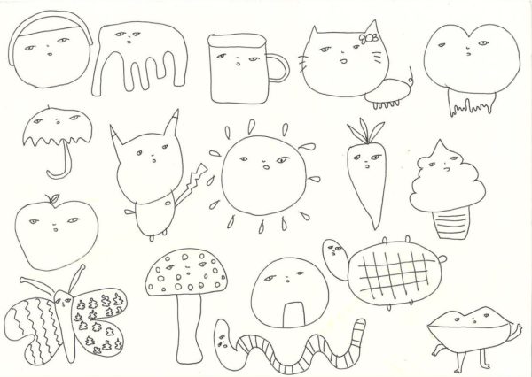 혼지니 기자가 손으로 정성껏 그린 이것저것 캐리커처. 에이포용지 가로 펼침면에 가로 다섯 개, 세로 네 개로 단독 그림이 그려져 있다. 사람 얼굴, 코끼리 전신, 머그컵, 우산, 사과, 당근, 햇님, 거북이, 광대버섯, 뱀, 사과, 팔다리가 달린 입술, 동그란 주먹밥 등 단순한 볼펜 선으로 그려진 캐리커처에 모두 작고 동그랗게 눈알과 코와 입이 그려져 있다.